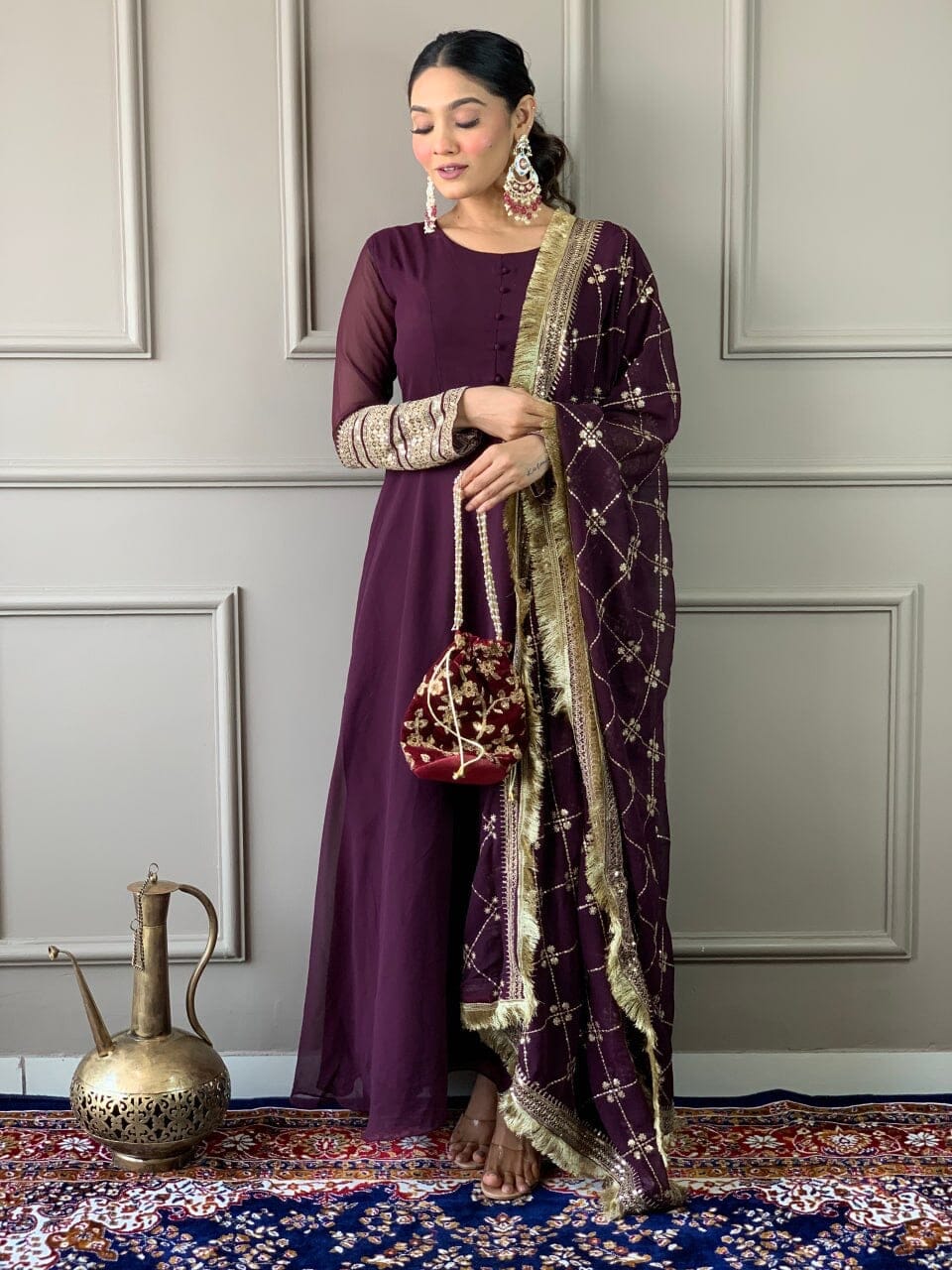 Wine Purple Georgette Gown with Embroidered Dupatta and Silk Pant Ready Made Designer Suits Shopin Di Apparels