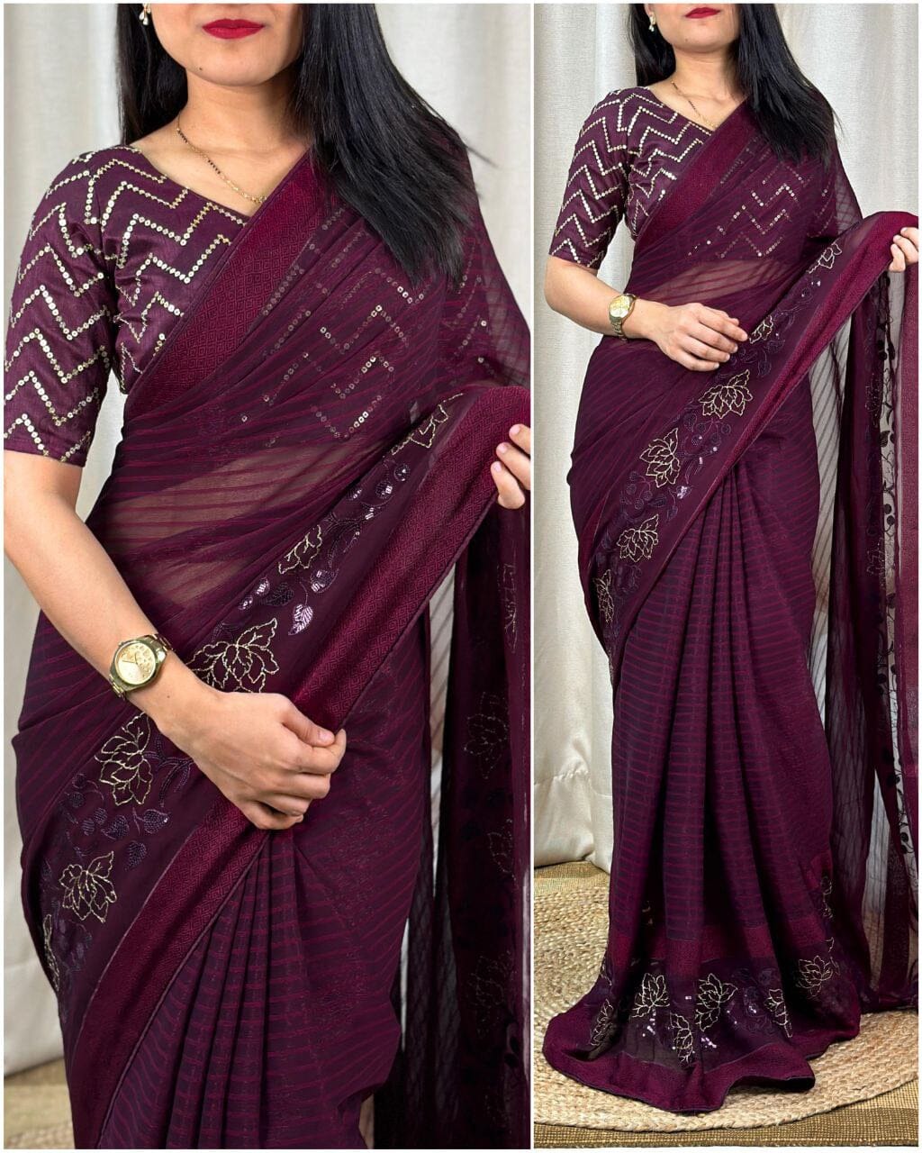 Wine Purple Himanshi Designer Shimmer Chiffon Saree with Sequence Work Blouse Designer Saree Shopin Di Apparels