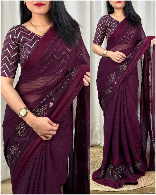Wine Purple Himanshi Designer Shimmer Chiffon Saree with Sequence Work Blouse Designer Saree Shopin Di Apparels