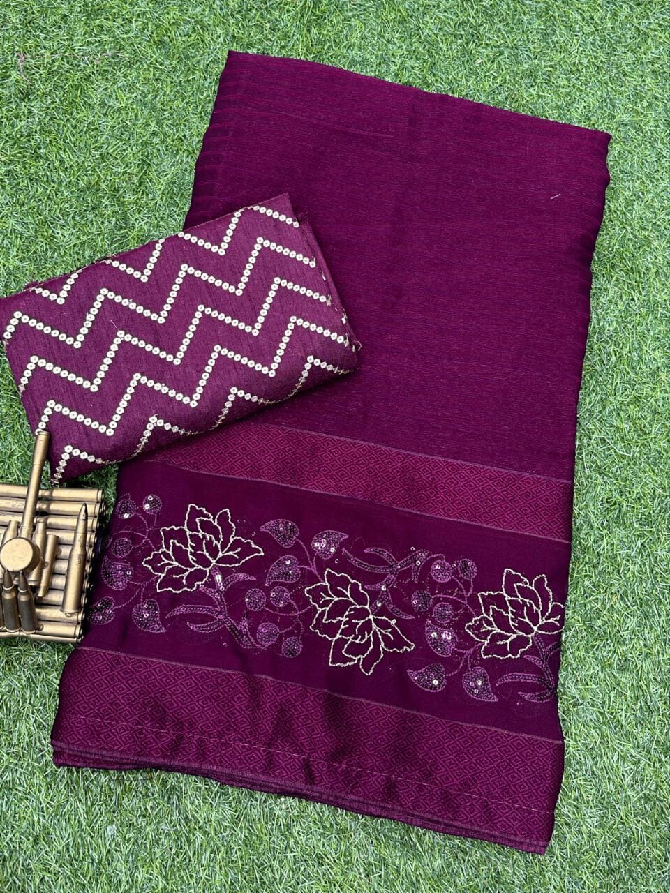 Wine Purple Himanshi Designer Shimmer Chiffon Saree with Sequence Work Blouse Designer Saree Shopin Di Apparels