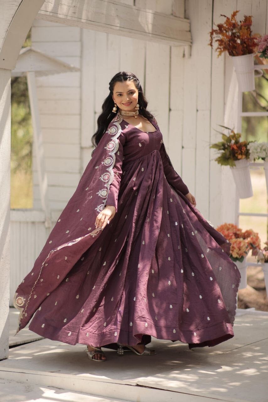 Wine Vichitra Shimmer with Rich Sequins Embroidered work Gown with Dupatta Gown with Dupatta Shopin Di Apparels
