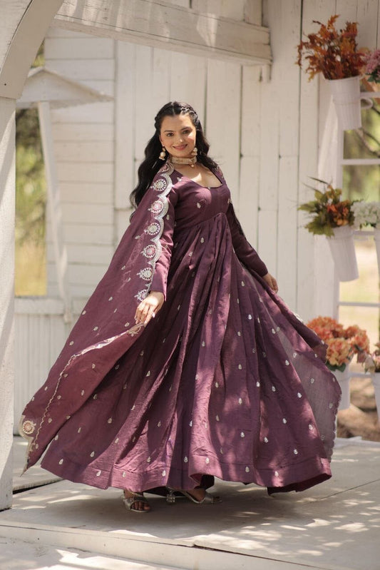 Wine Vichitra Shimmer with Rich Sequins Embroidered work Gown with Dupatta Gown with Dupatta Shopin Di Apparels