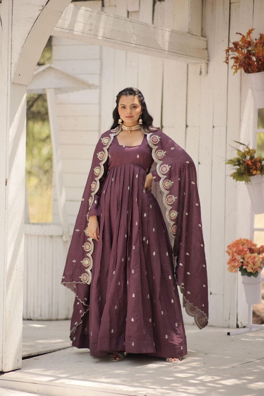 Wine Vichitra Shimmer with Rich Sequins Embroidered work Gown with Dupatta Gown with Dupatta Shopin Di Apparels