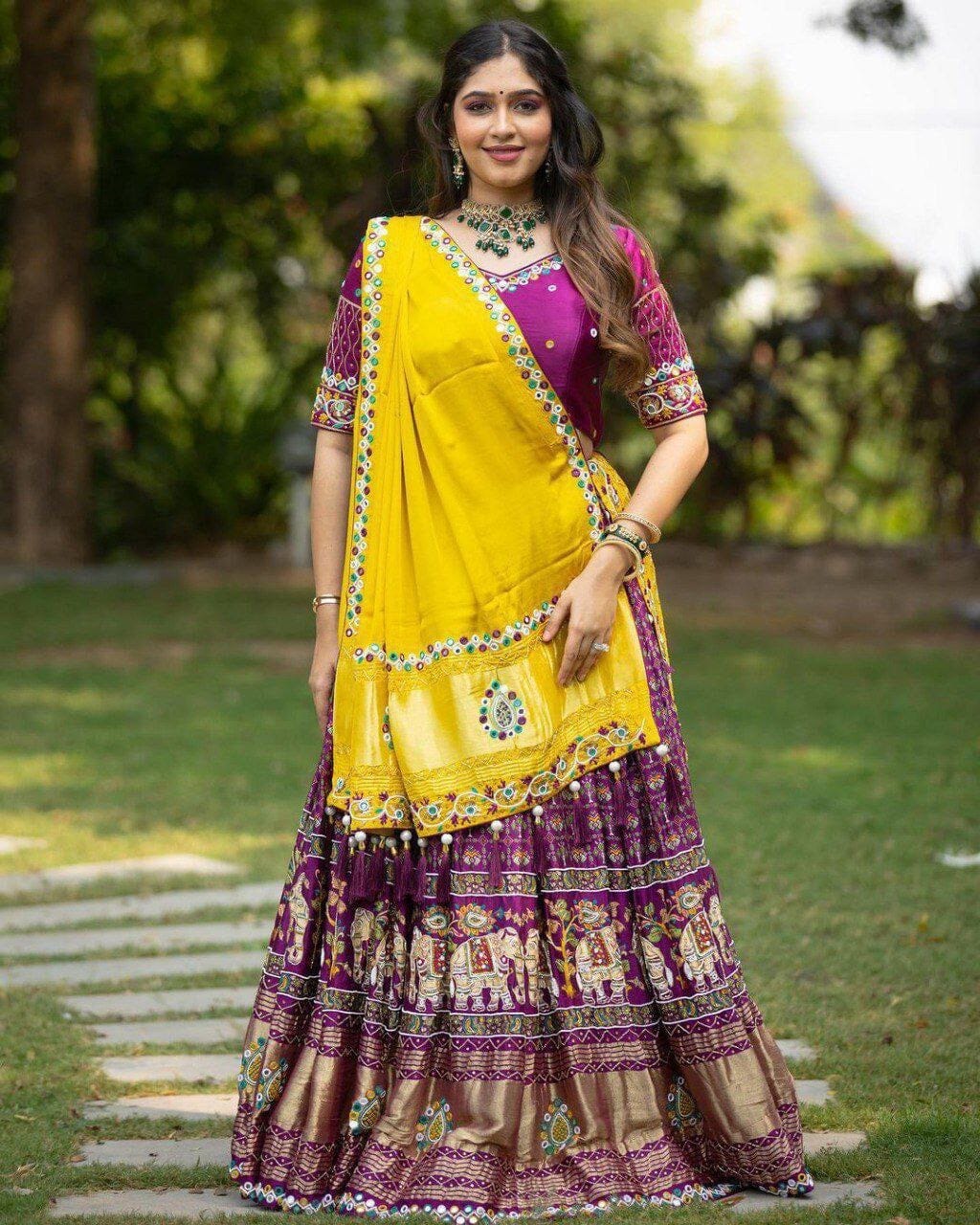 Yellow and purple Designer Heavy Butter Silk Lehenga Choli Real Mirror Work Dupatta Set 3pc Lehenga's Shopin Di Apparels
