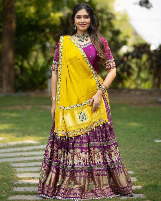 Yellow and purple Designer Heavy Butter Silk Lehenga Choli Real Mirror Work Dupatta Set 3pc Lehenga's Shopin Di Apparels