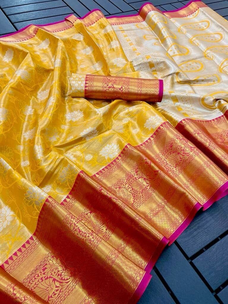 Yellow Banarasi Handloom Tissue Silk Zari work Saree Silk Saree Shopin Di Apparels