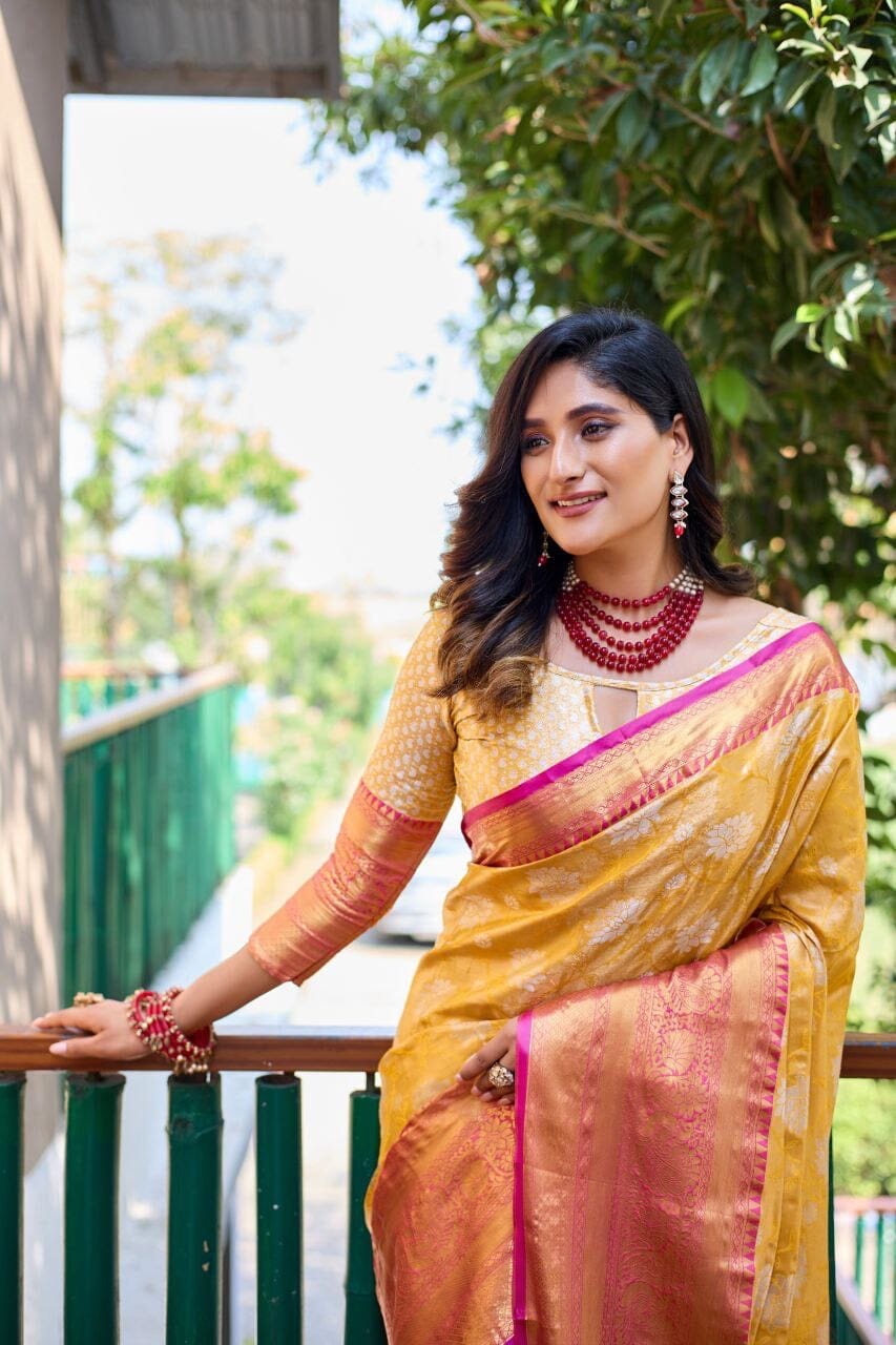 Yellow Banarasi Handloom Tissue Silk Zari work Saree Silk Saree Shopin Di Apparels