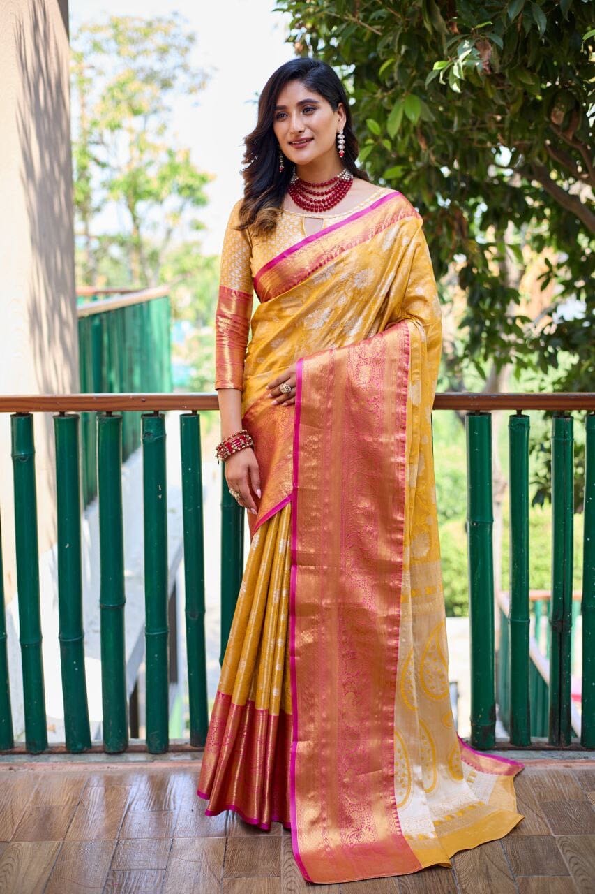 Yellow Banarasi Handloom Tissue Silk Zari work Saree Silk Saree Shopin Di Apparels