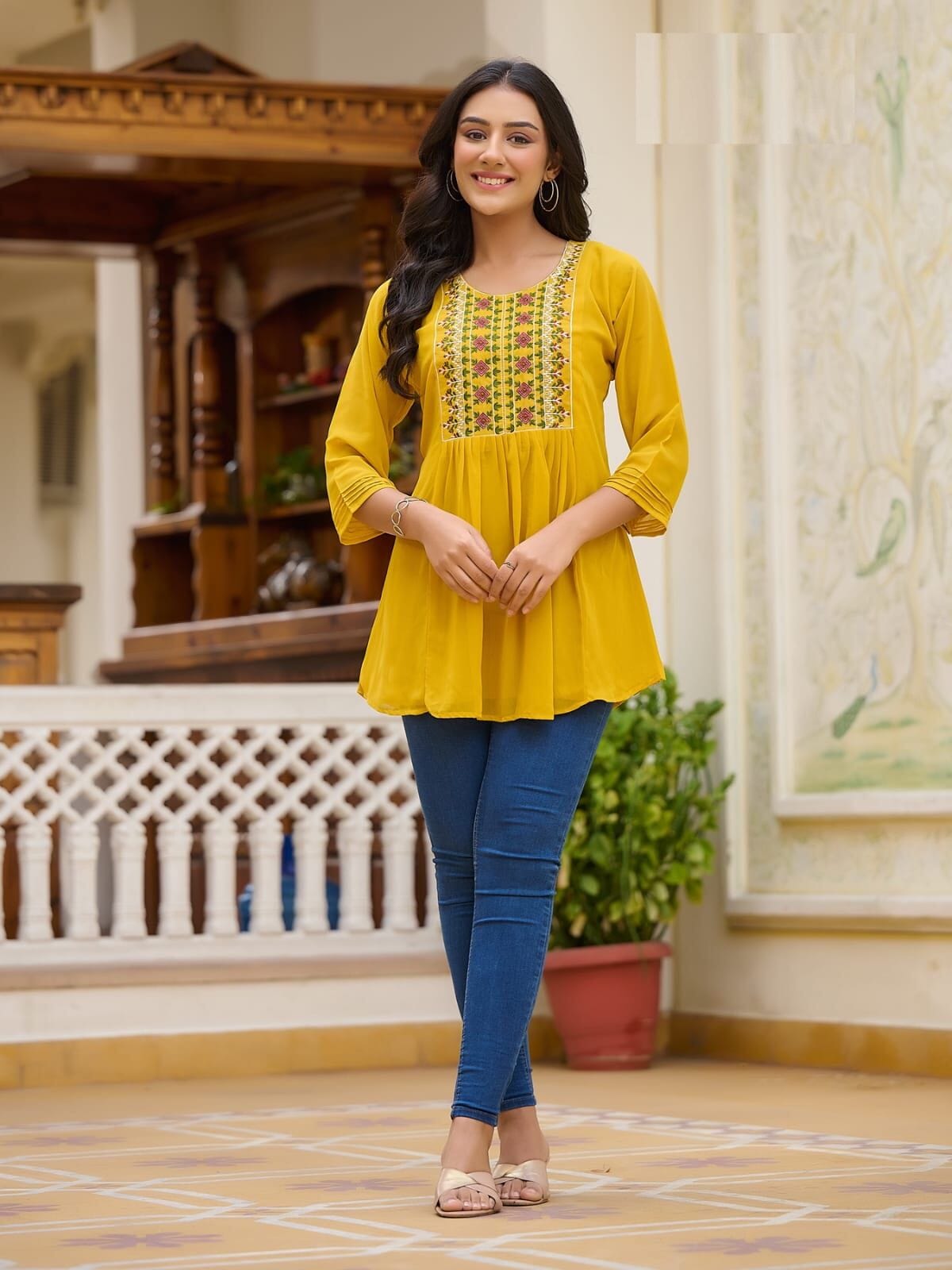 Yellow Bubbly Embroidered Georgette Short Top Western Tops Shopin Di Apparels