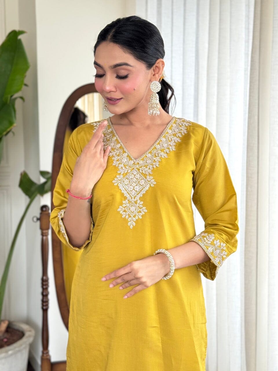 Yellow Embroidered Chanderi Top with Najmin Dupatta and Pant set Kurti with Bottom and Dupatta Shopin Di Apparels