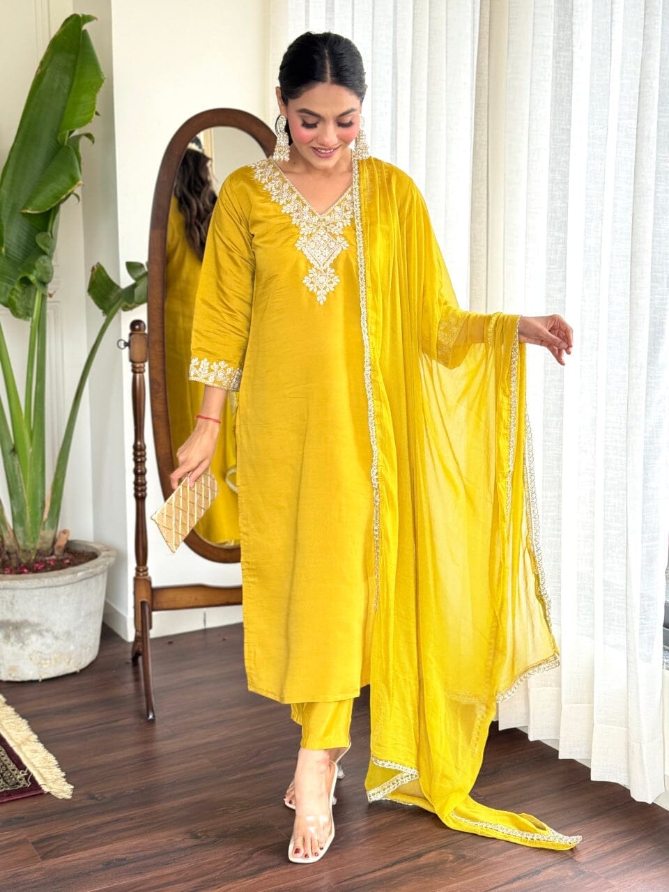 Yellow Embroidered Chanderi Top with Najmin Dupatta and Pant set Kurti with Bottom and Dupatta Shopin Di Apparels