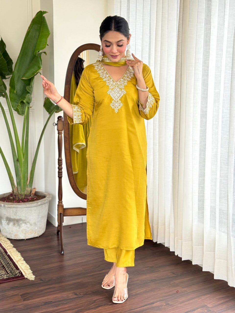 Yellow Embroidered Chanderi Top with Najmin Dupatta and Pant set Kurti with Bottom and Dupatta Shopin Di Apparels