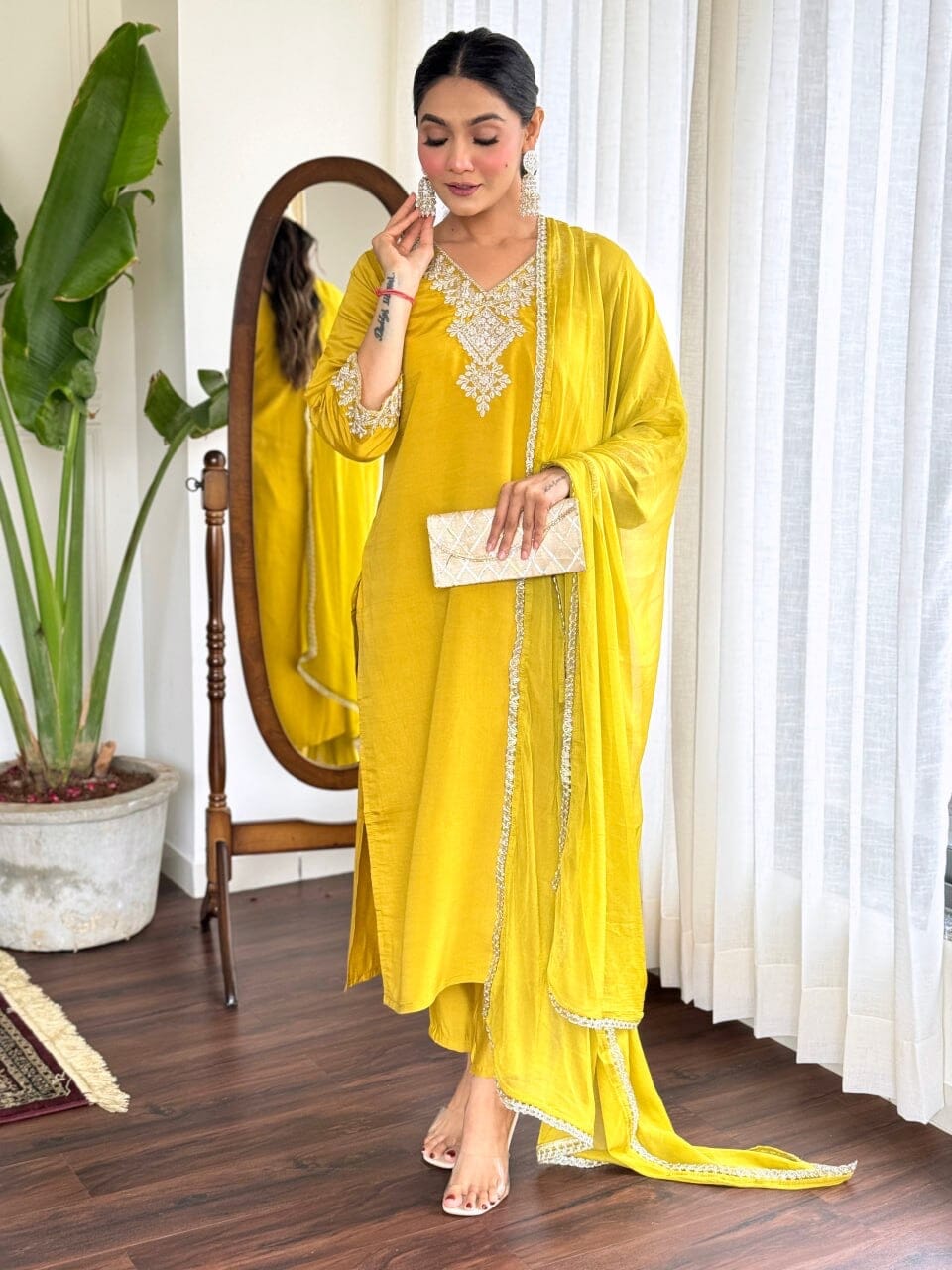 Yellow Embroidered Chanderi Top with Najmin Dupatta and Pant set Kurti with Bottom and Dupatta Shopin Di Apparels