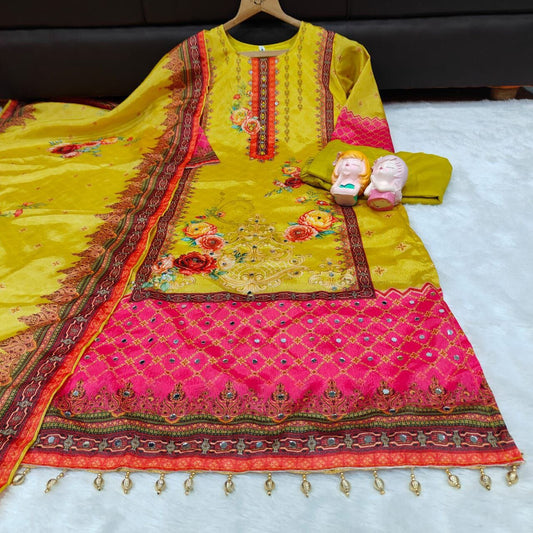 Yellow Floral Print Mirror Work Chinon Plus Size Pakistani Designer Suit Ready to Wear Designer Suits Shopin Di Apparels
