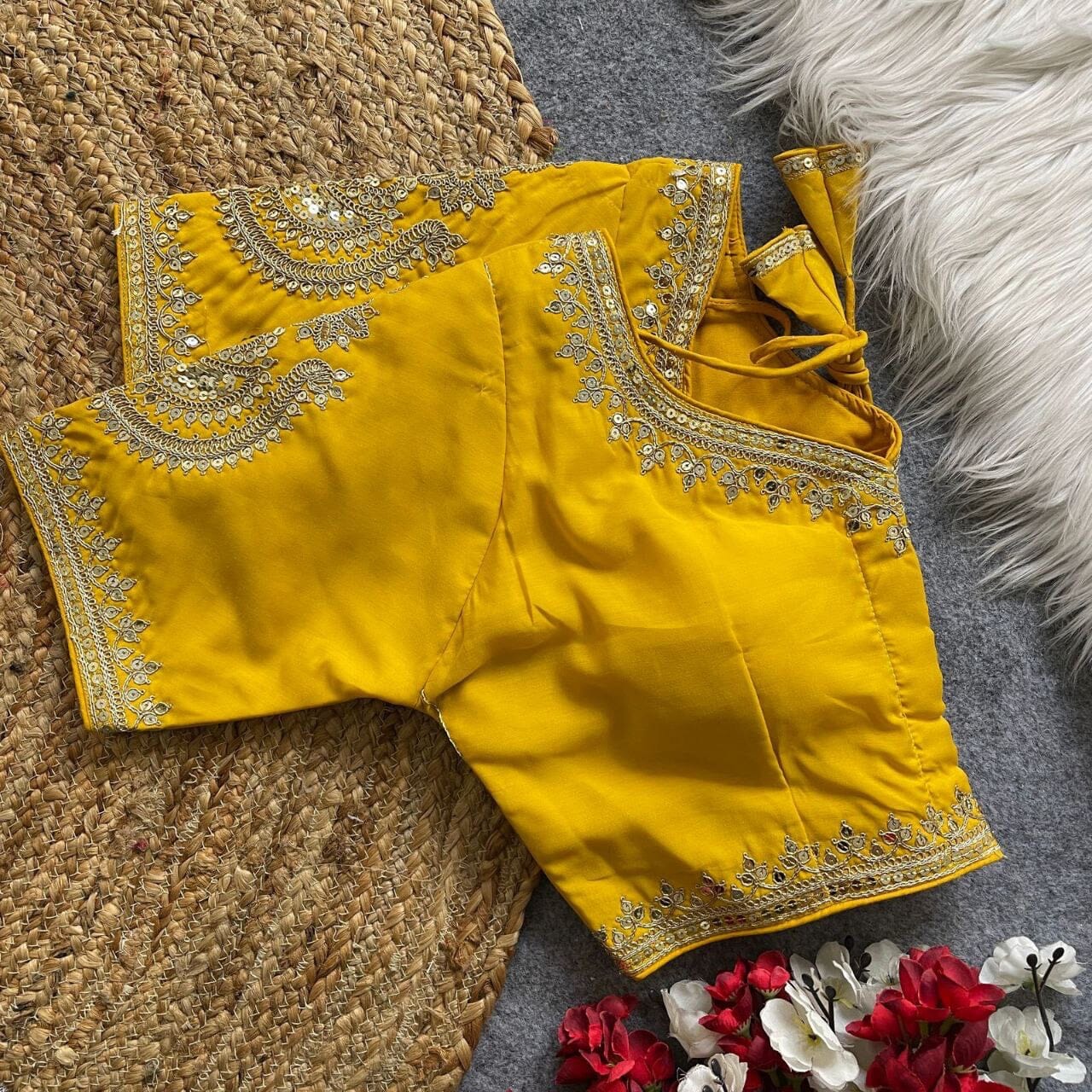 Yellow Heavy Pure Roman Silk Embroidered Sequence Work Readymade Blouse Shopin Di Apparels