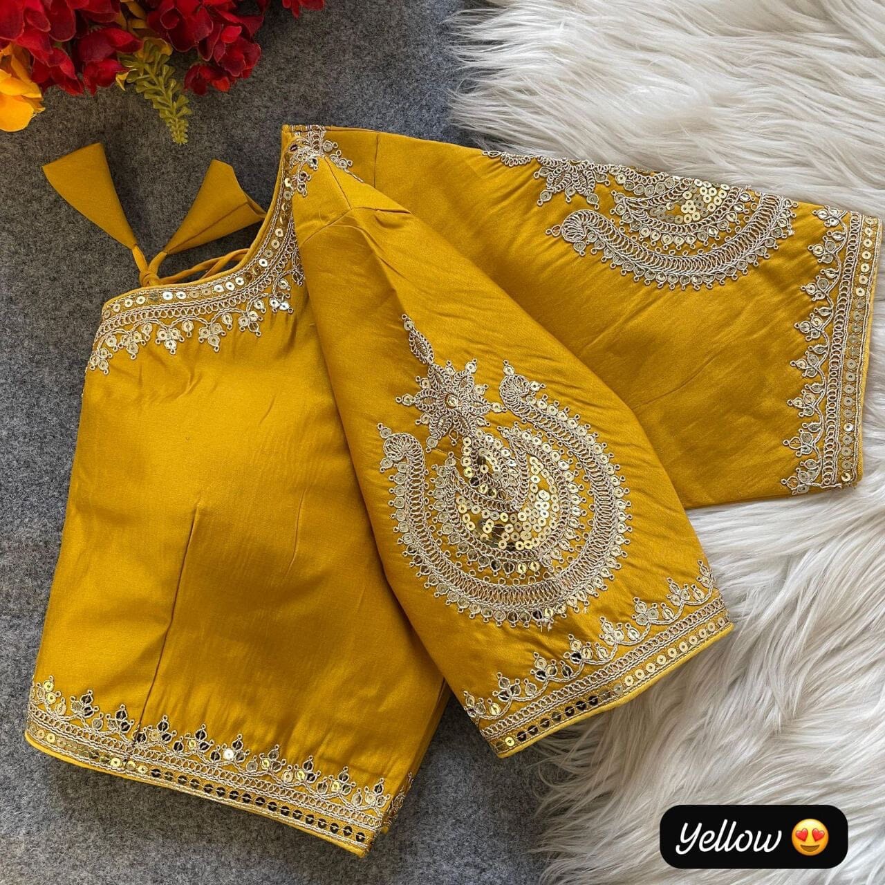 Yellow Heavy Pure Roman Silk Embroidered Sequence Work Readymade Blouse Shopin Di Apparels
