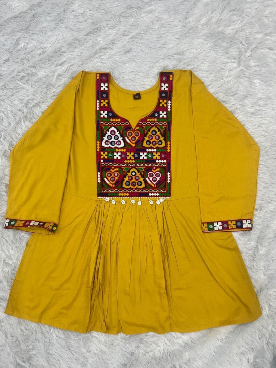 Yellow Heavy Rayon Baby Doll Short Top With Gamthi Lace and mirror work Western Top Shopin Di Apparels