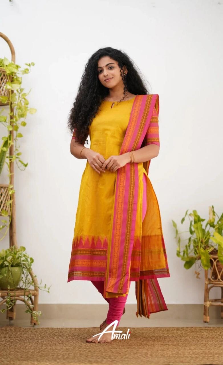 Yellow Kanchi Cotton Vatika Kurti with Dupatta and Bottom Set Kurti with Bottom and Dupatta Shopin Di Apparels
