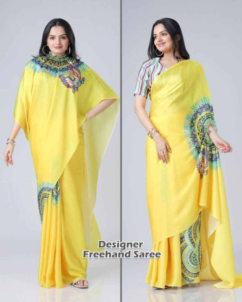 Yellow Kc 888 Digital Printed Crepe Silk Ready to Wear Saree Ready to Wear Saree Shopin Di Apparels