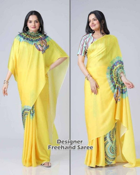 Yellow Kc 888 Digital Printed Crepe Silk Ready to Wear Saree Ready to Wear Saree Shopin Di Apparels