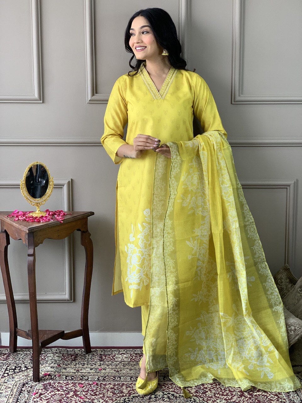 Yellow Muslin Printed Kurti with Chander Cotton Dupatta and Pant Kurti with Bottom and Dupatta Shopin Di Apparels
