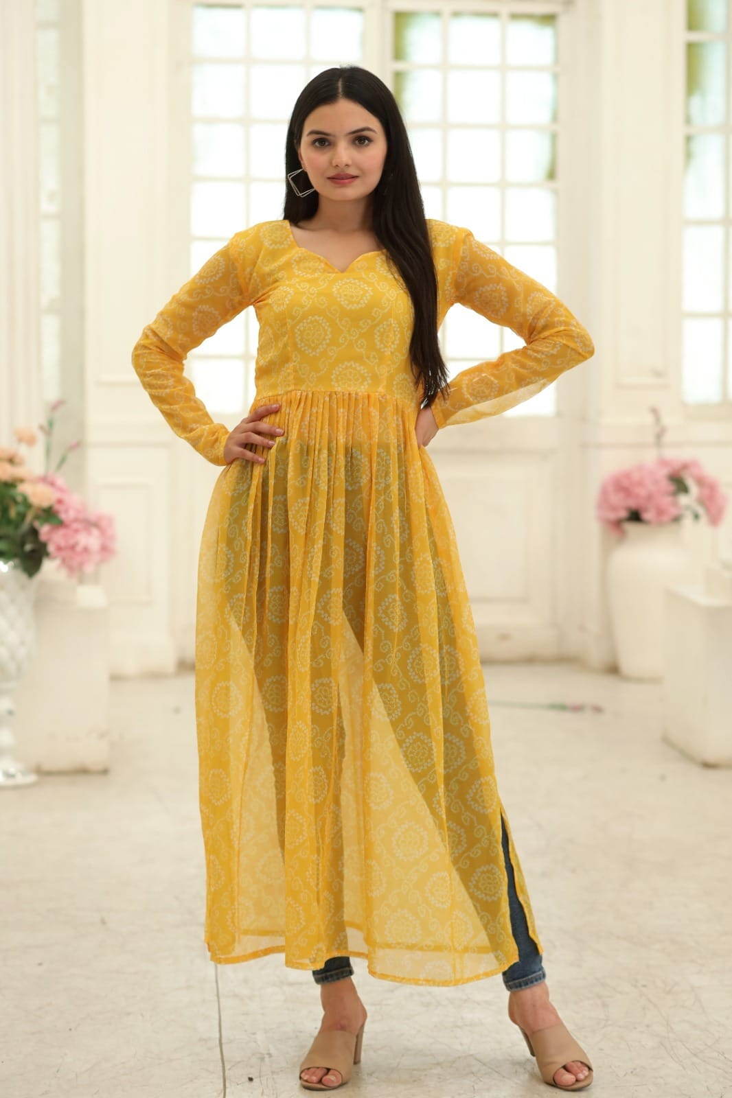 Yellow Nayra Cut Long Georgette Bandhej Digital Print Kurti Kurti Shopin Di Apparels