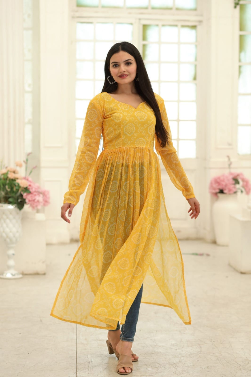 Yellow Nayra Cut Long Georgette Bandhej Digital Print Kurti Kurti Shopin Di Apparels