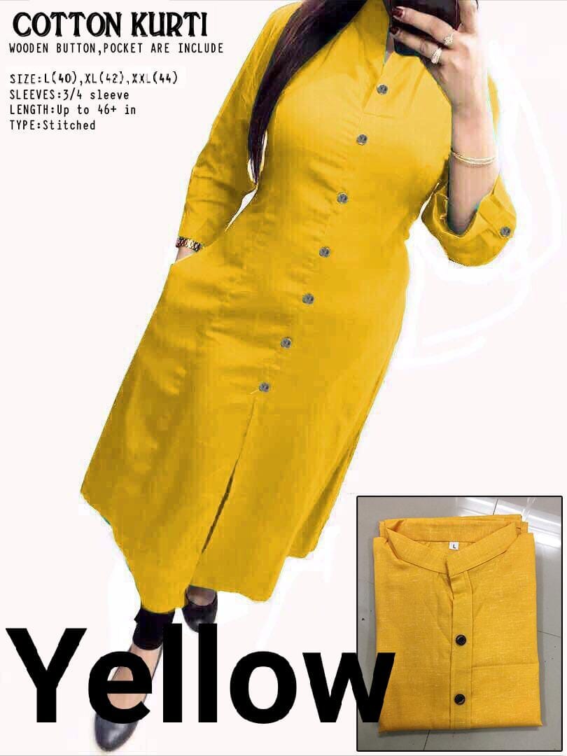 Yellow Plain Collar Cotton Kurti with Button and Pockets Kurti Shopin Di Apparels