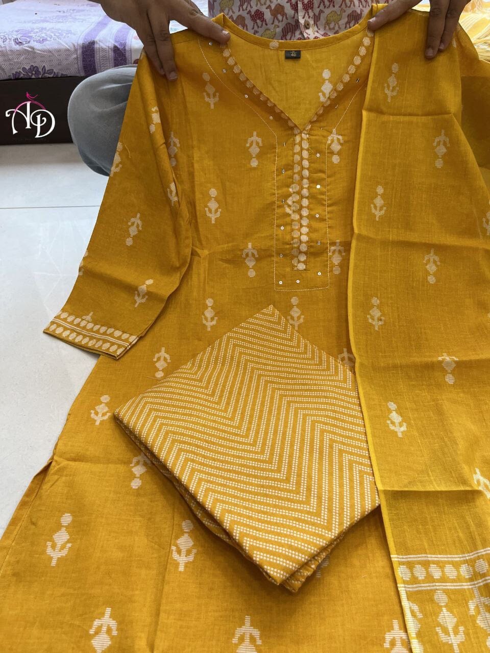 Yellow Pure Cotton Hands Block Design Kurti with Dupatta and Bottom Kurti with Dupatta and Bottom Shopin Di Apparels