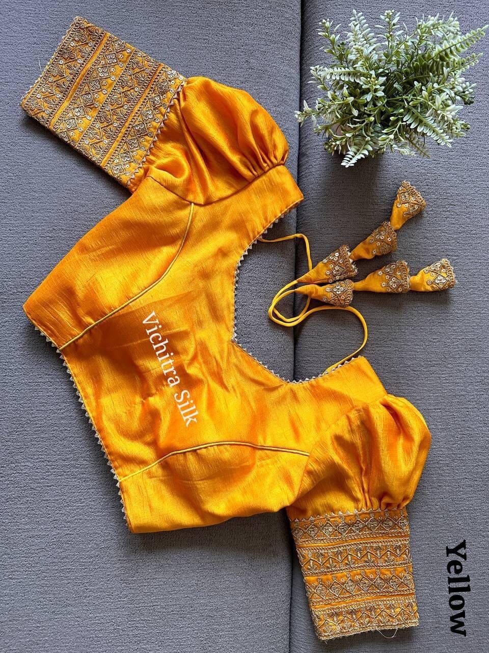 Yellow Vichitra Silk Readymade Blouse with Puff Sleeves and Embroidery Readymade Blouse Shopin Di Apparels