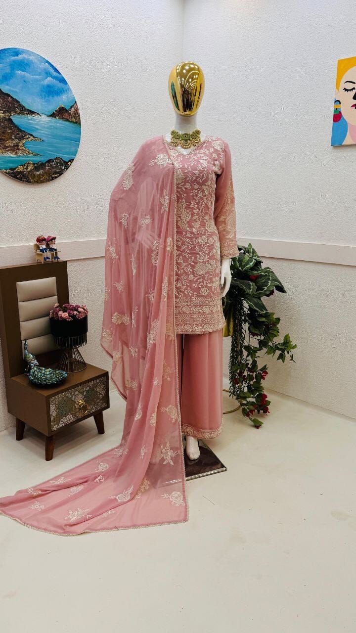 ZB Pink Designer Party Wear Embroidered Plazzo Suit Ready Made Designer Suits Shopin Di Apparels