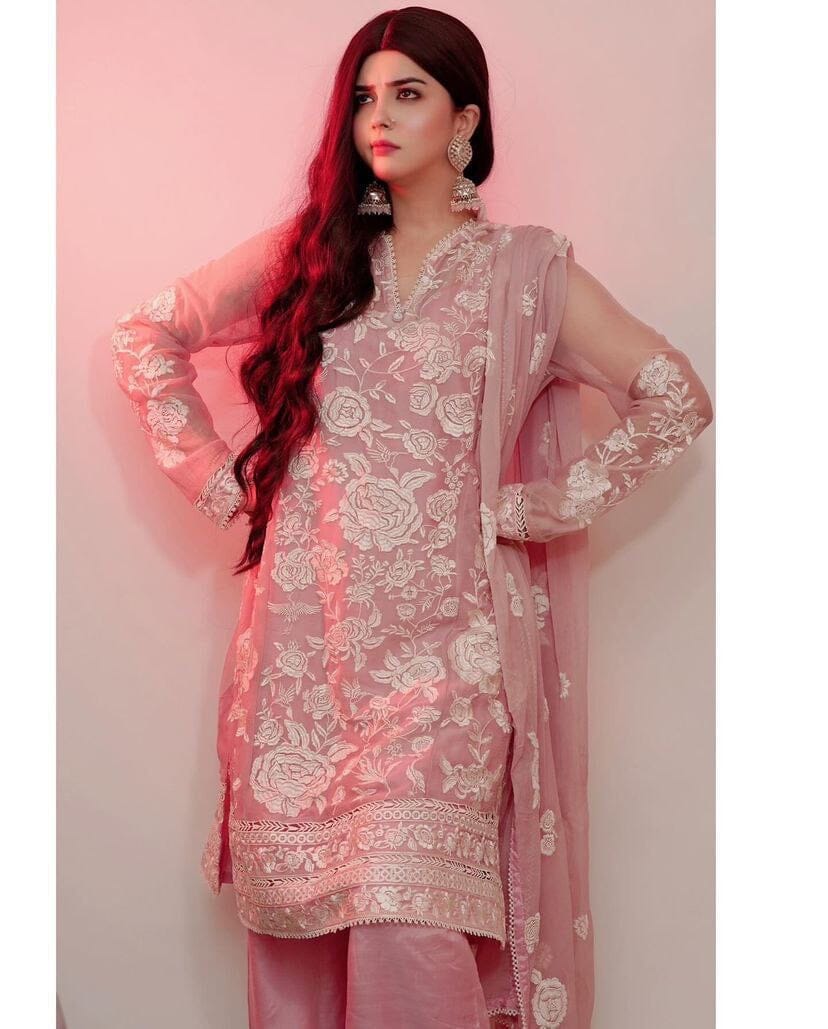 ZB Pink Designer Party Wear Embroidered Plazzo Suit Ready Made Designer Suits Shopin Di Apparels