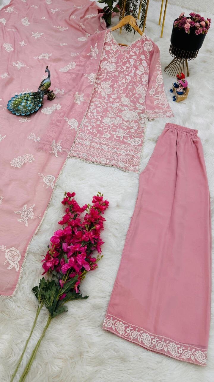 ZB Pink Designer Party Wear Embroidered Plazzo Suit Ready Made Designer Suits Shopin Di Apparels