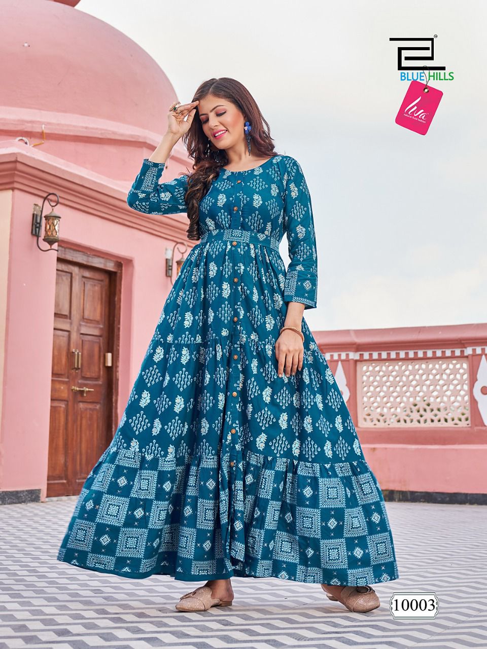 10003 Florencia Rayon Long Foil Printed Gown Kurti Kurti Blue Hills