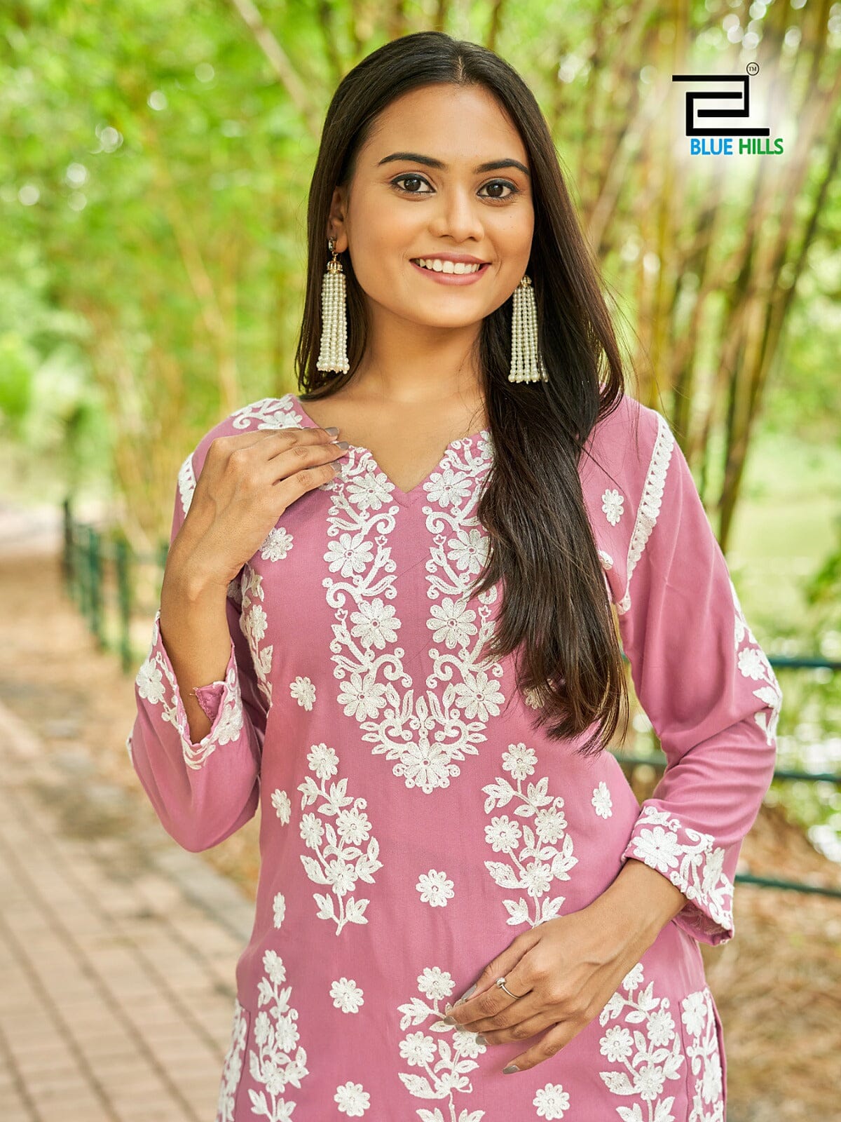 1001 White Thread Embroidered Kurti with Pant Set Kurti with Pant Blue Hills