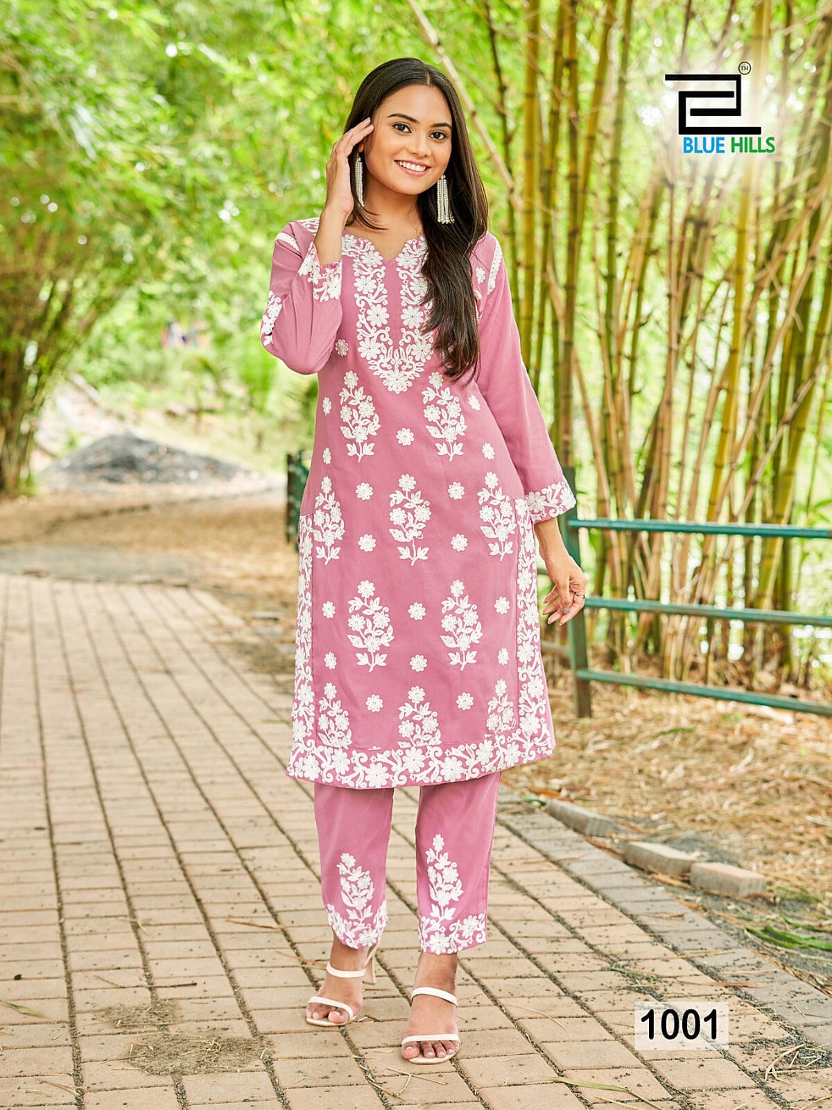 1001 White Thread Embroidered Kurti with Pant Set Kurti with Pant Blue Hills