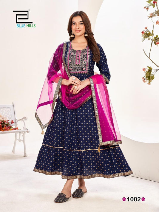 1002 Manika Heavy Rayon Anarkali Kurti With Dupatta Kurti with Dupatta Blue Hills
