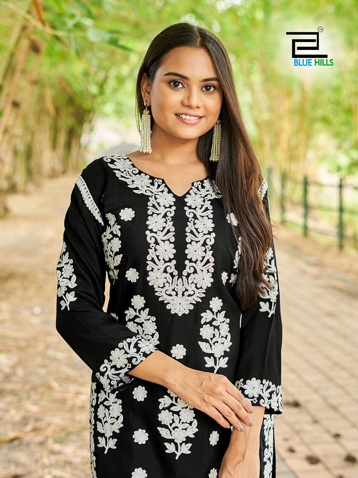 1002 White Thread Embroidered Kurti with Pant Set Kurti with Pant Blue Hills