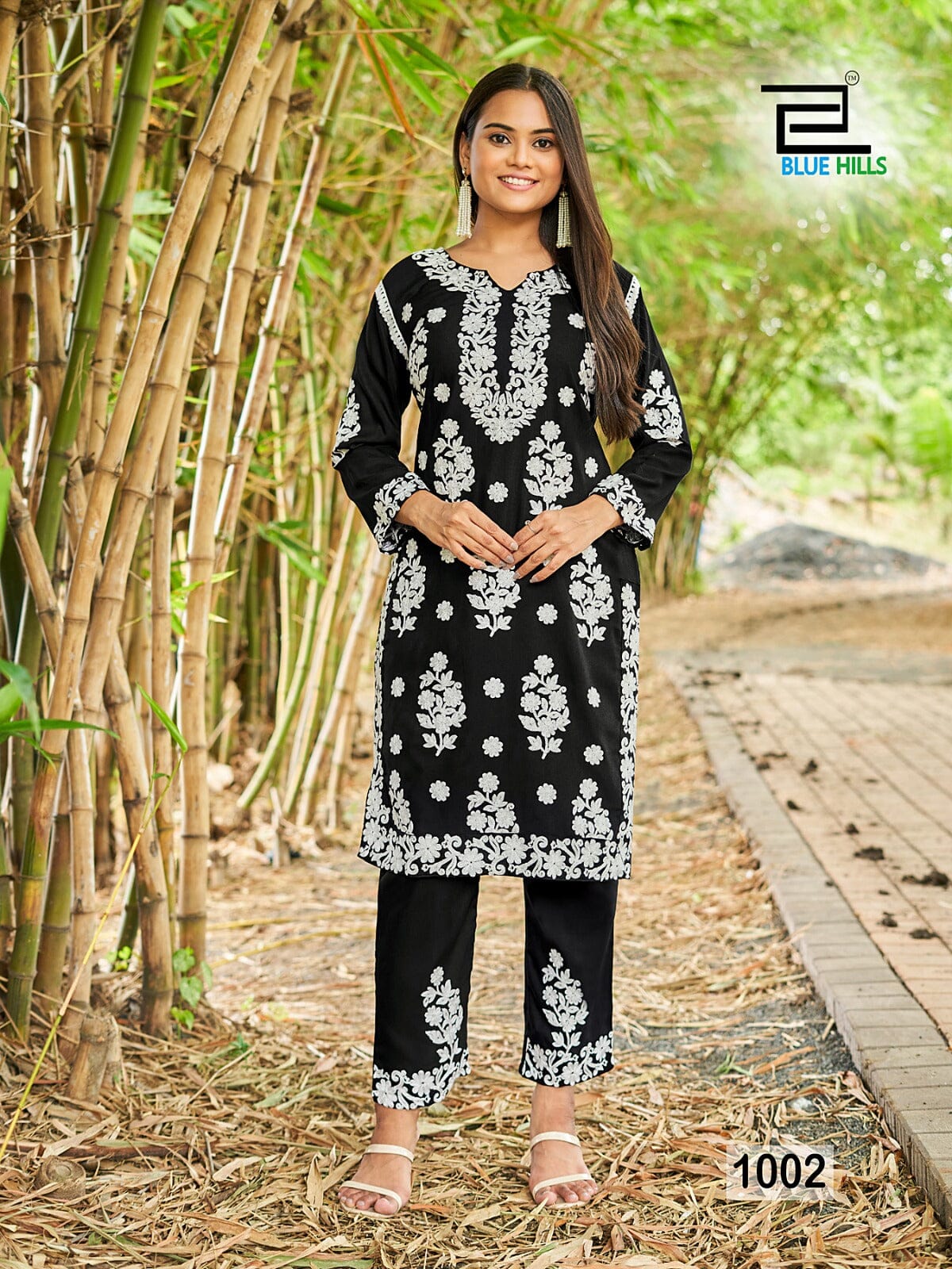 1002 White Thread Embroidered Kurti with Pant Set Kurti with Pant Blue Hills