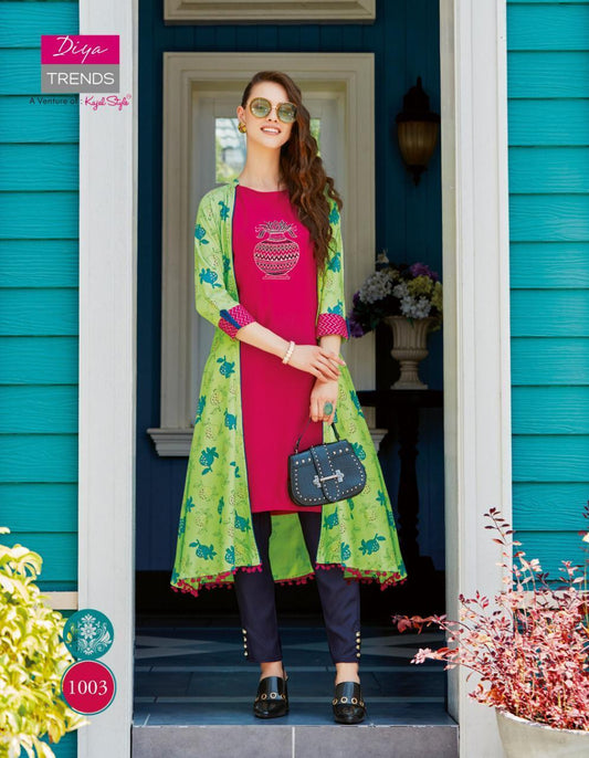 1003 Globus City Rayon Kurti with Rayon Print Shrug - Shopindiapparels.com