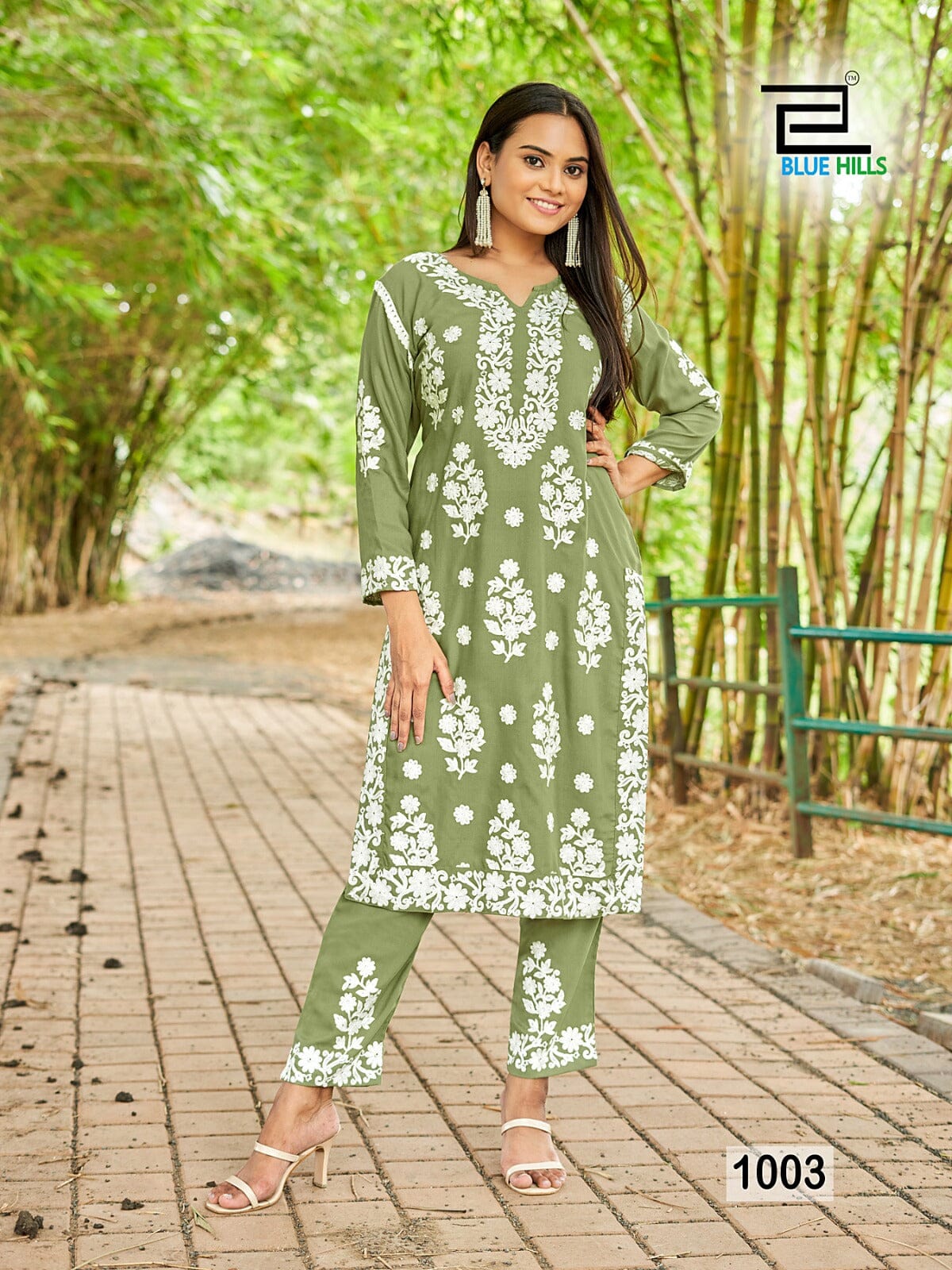 1003 White Thread Embroidered Kurti with Pant Set Kurti with Pant Blue Hills