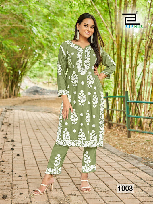 1003 White Thread Embroidered Kurti with Pant Set Kurti with Pant Blue Hills