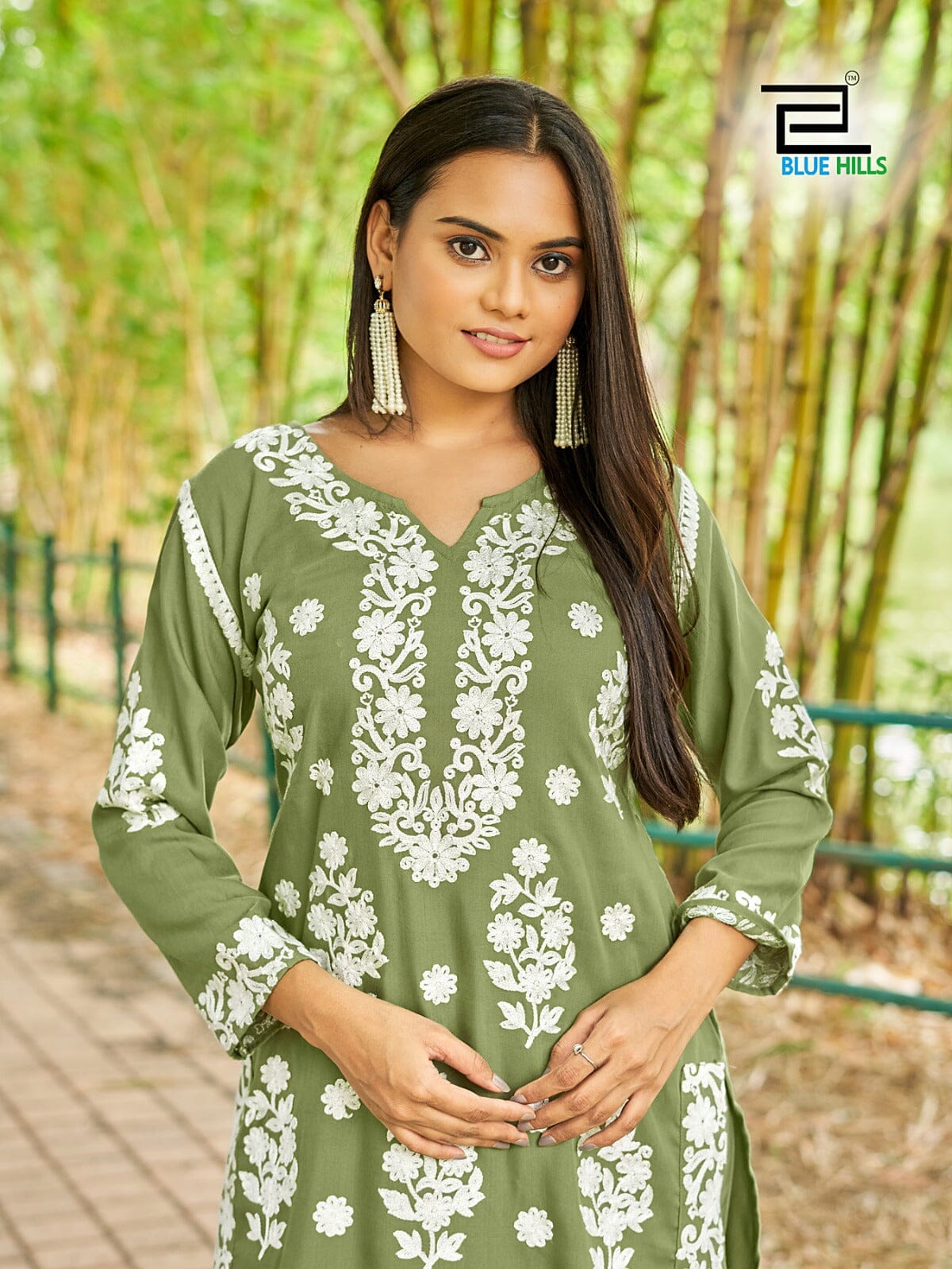 1003 White Thread Embroidered Kurti with Pant Set Kurti with Pant Blue Hills