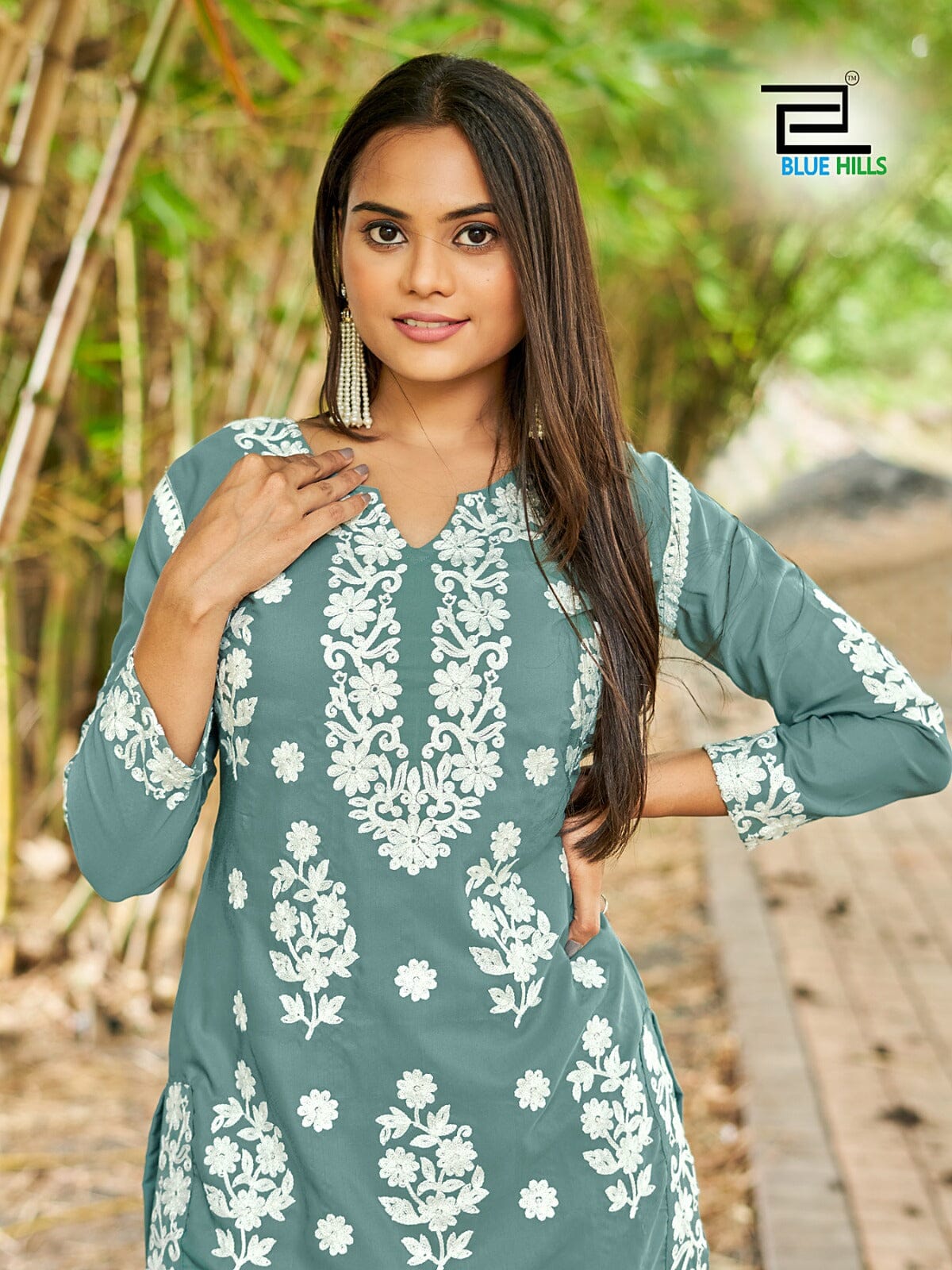 1005 White Thread Embroidered Kurti with Pant Set Kurti with Pant Blue Hills