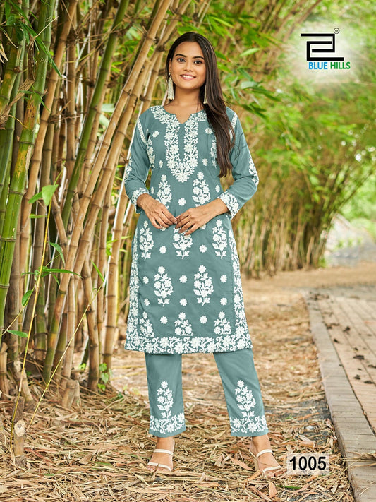 1005 White Thread Embroidered Kurti with Pant Set Kurti with Pant Blue Hills