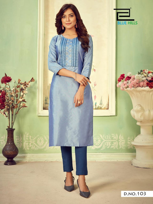 103 Solid Cotton Tapeta Plus Size Kurti with Zari Embroidery Kurtis Blue Hills