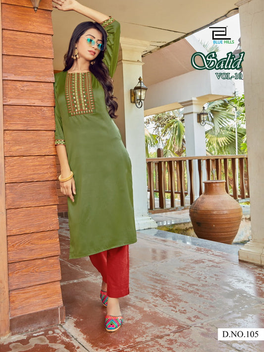 105 Solid Jam Satin Zari Embroidered Kurti Kurtis Blue Hills