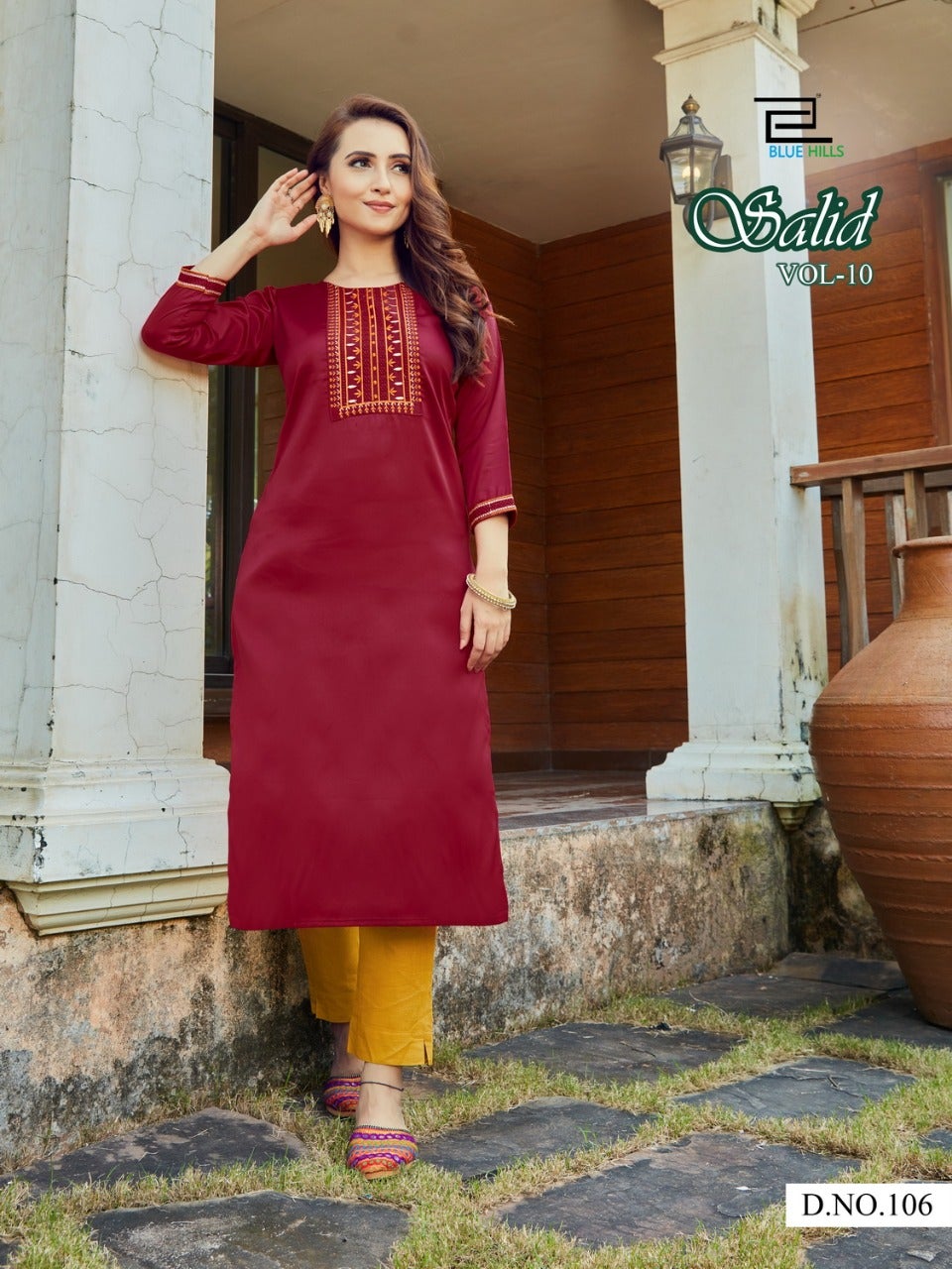 106 Solid Jam Satin Zari Embroidered Kurti Kurtis Blue Hills