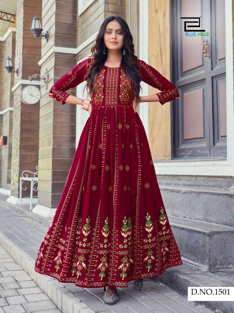 1501 Walkway Designer Foil Print Long Gown Shopindiapparels.com