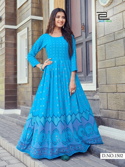 1502 Walkway Designer Foil Print Long Gown Shopindiapparels.com
